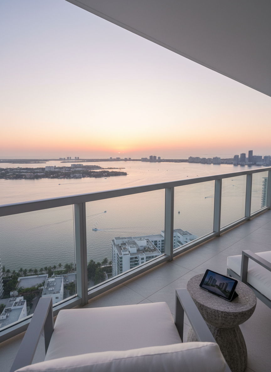 A panoramic, cinematic balcony view from a high-floor Miami condo overlooking Biscayne Bay at sunrise. The balcony features a clear glass railing with brushed aluminum posts and a smooth, light-gray porcelain tile floor. A pair of contemporary outdoor lounge chairs and a small round side table with a textured stone top suggest a quiet place to evaluate real estate options. Soft pink and orange hues wash the sky, reflecting off the calm water and distant skyline. The camera is positioned at railing height, emphasizing the depth and openness of the view. Photographic realism and a serene, aspirational mood make it perfect for showcasing premium Miami condo living.