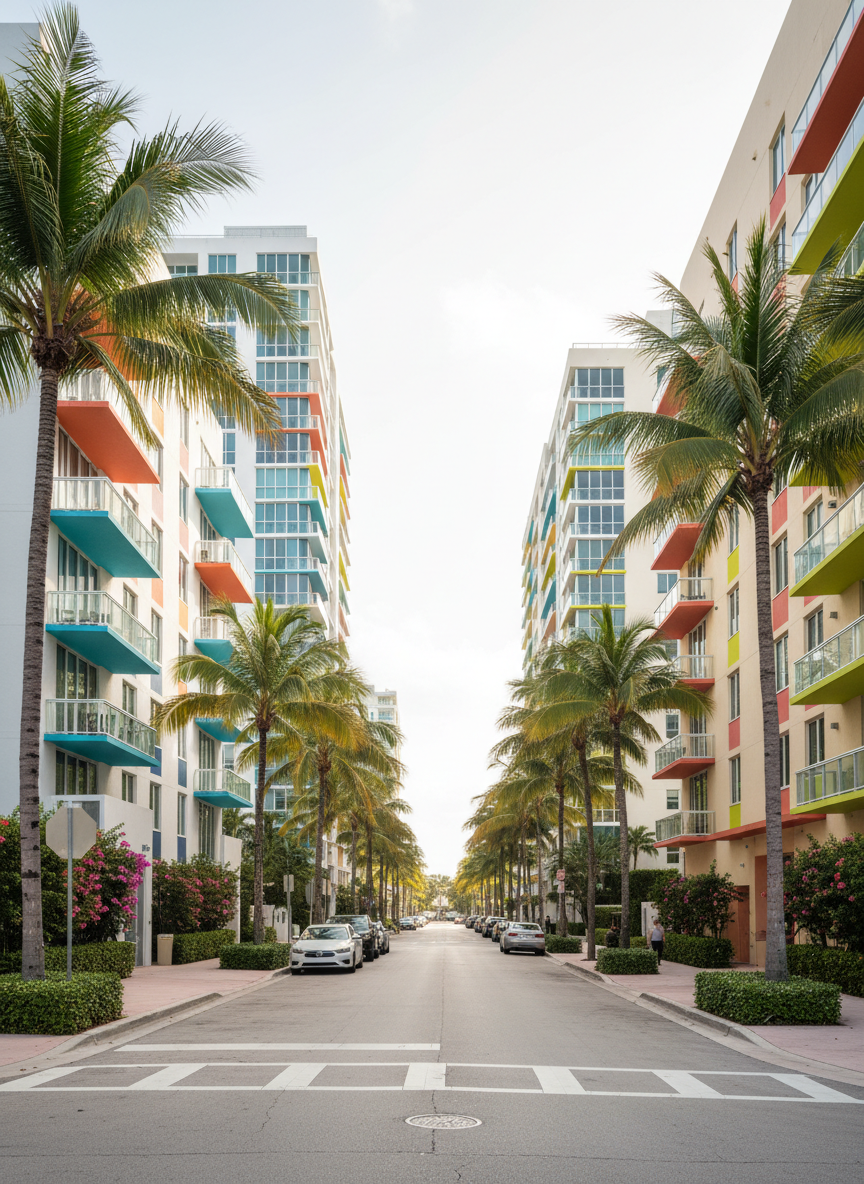A bright, cinematic daytime shot of a Miami neighborhood street lined with mid-rise condo buildings, each with distinct modern architecture and colorful accents. Balconies with glass railings overlook a tree-lined sidewalk framed by neatly trimmed hedges and mature palms. The asphalt is clean, with clearly defined crosswalks and parked cars subtly blurred in the mid-ground to avoid distraction. Soft, diffused South Florida sunlight creates gentle shadows and vibrant yet natural colors. The eye-level composition guides the viewer down the street, conveying walkability and community. Photographic realism and a clean, professional aesthetic make this ideal for a neighborhood guide section of a Miami real estate site.