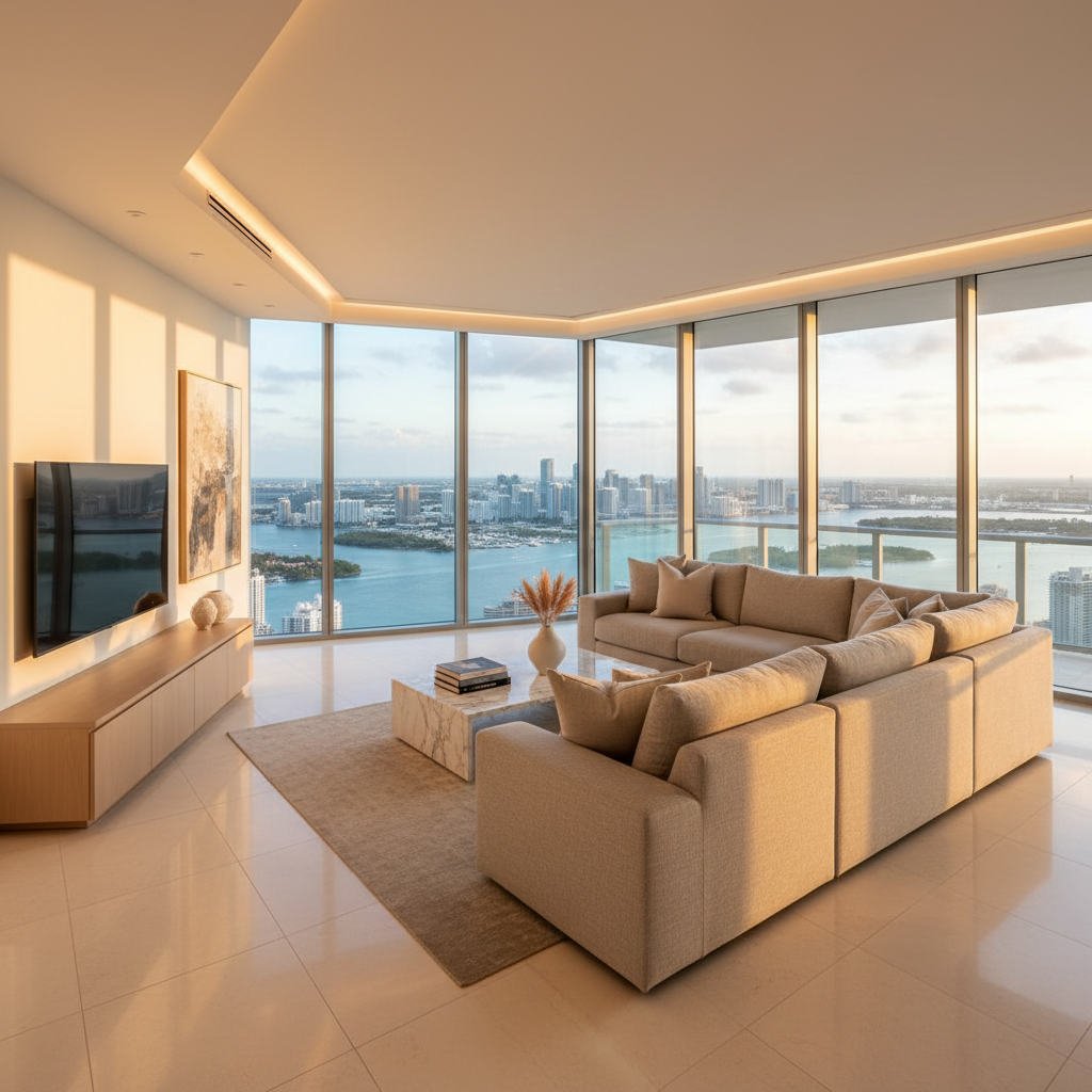 A luxurious modern Miami condo living room with floor-to-ceiling windows showcasing a sweeping panoramic view of the downtown skyline and Biscayne Bay. The interior features a neutral-toned sectional sofa with textured linen upholstery, a low-profile marble coffee table, and a minimal media console. Polished porcelain tile floors subtly reflect the soft golden hour light flooding in from the balcony doors, casting gentle shadows along the walls. The camera is positioned at eye level from the corner, emphasizing depth and spaciousness. The mood is calm, refined, and cinematic, with photographic realism that highlights the appeal of high-rise Miami condo living for discerning buyers and sellers.