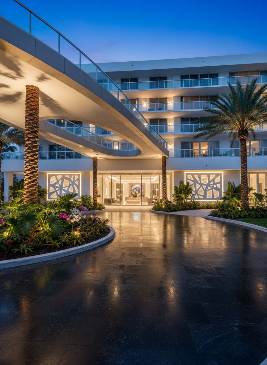A cinematic twilight scene of a Miami Beach condo building entrance