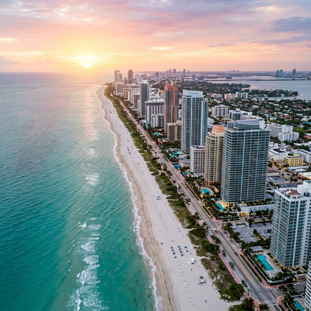 Aerial view of Miami coastline with beach, ocean, and city skyline at sunset